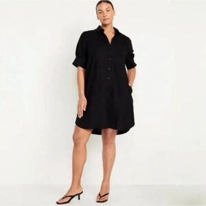 NEW Old Navy Black Linen Blend Button Down Puff Sleeve Shirt Dress Tunic Size L